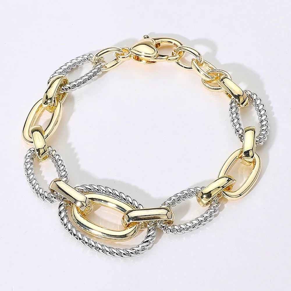 14K Gold Plated 2-Tone Textured Oval Chain Bracelet